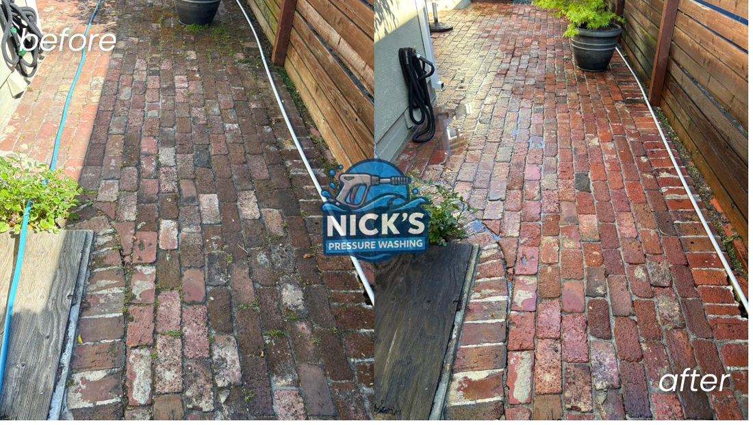 Before and after restoration of an old brick cobblestone walkway