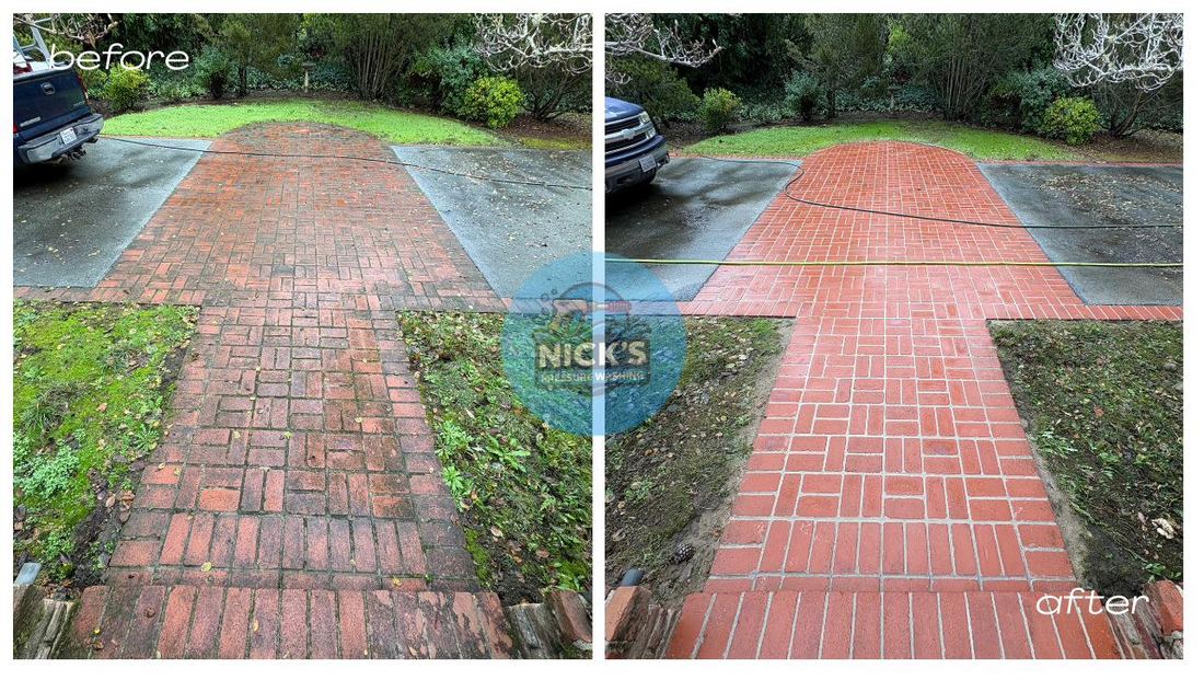 Before and after pressure washing a brick driveway in Atherton, CA