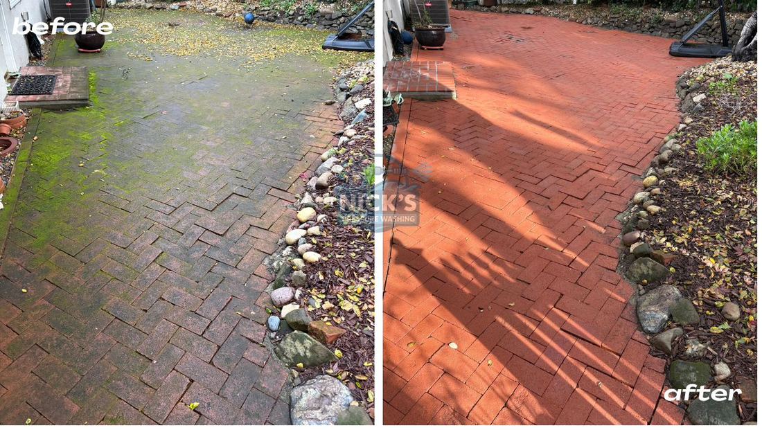 Before and after pressure washing brick pavers in Palo Alto, CA