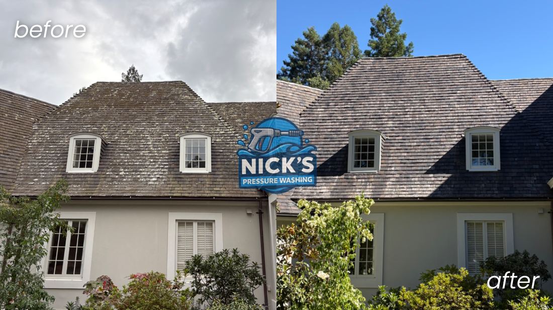 Before and after soft wash cleaning of a cedar shake roof with lichen removed