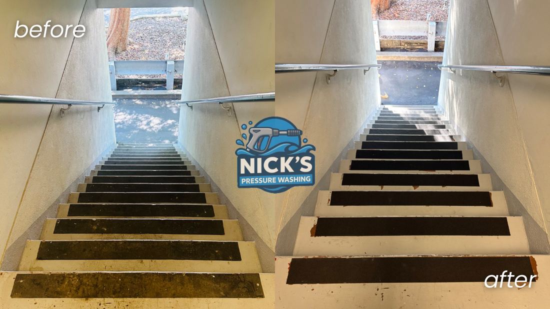 Before and after pressure washing a commercial concrete stairwell