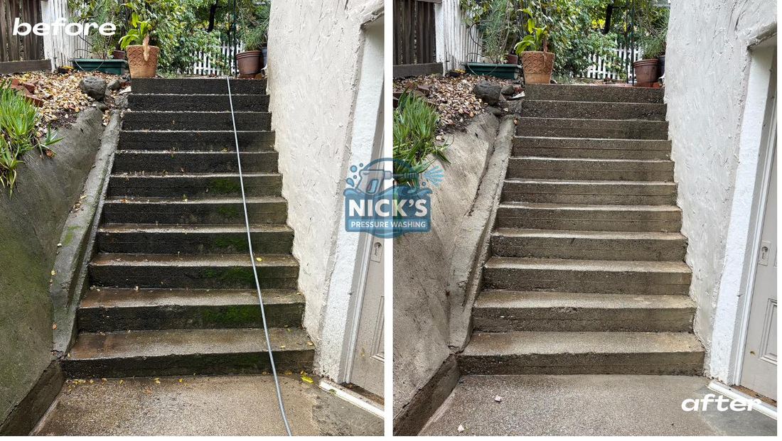 Before and after pressure washing concrete stairs in Hillsborough, CA