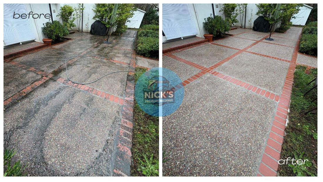 Before and after pressure washing exposed aggregate and brick hardscape in Atherton, CA