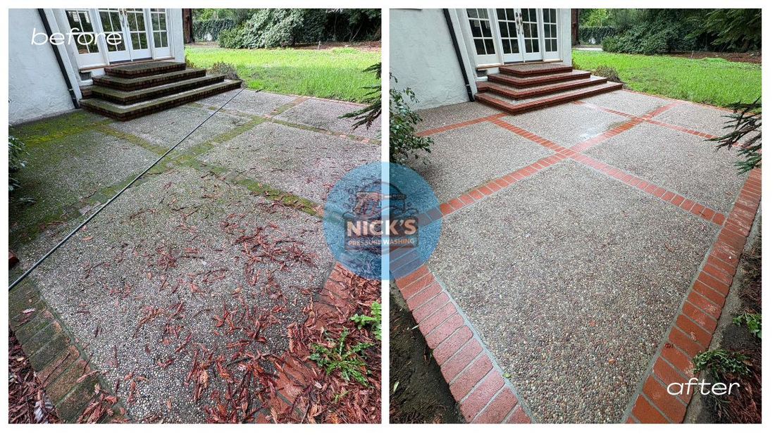 Before and after pressure washing an exposed aggregate patio in Atherton, CA