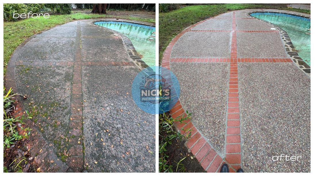Before and after cleaning an exposed aggregate pool deck in Atherton, CA
