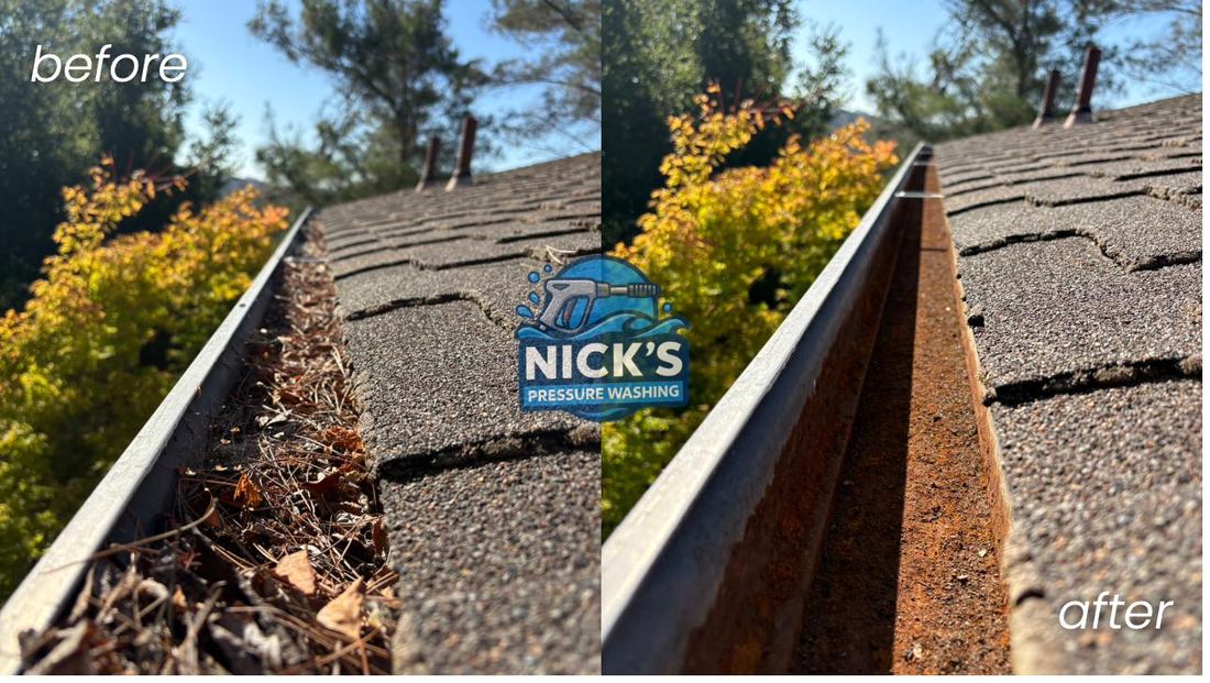 Before and after hand-clearing pine needles and leaf debris from a residential gutter