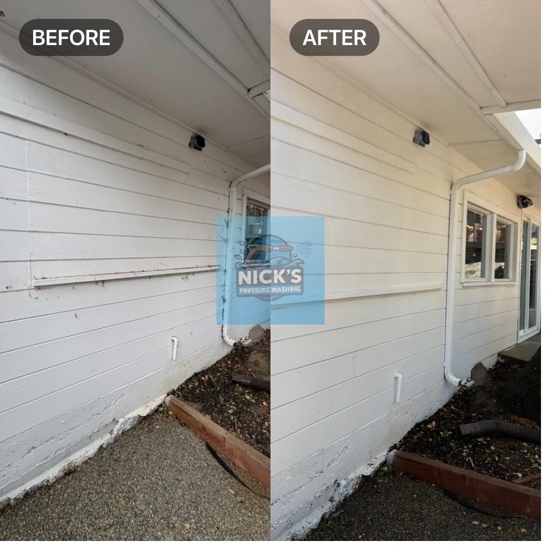 Before and after house wash on white lap siding and gutters in San Carlos, CA