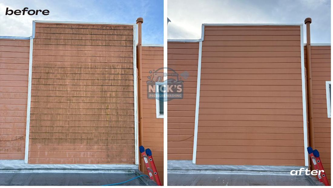 Before and after soft wash house washing removing algae from painted wood siding