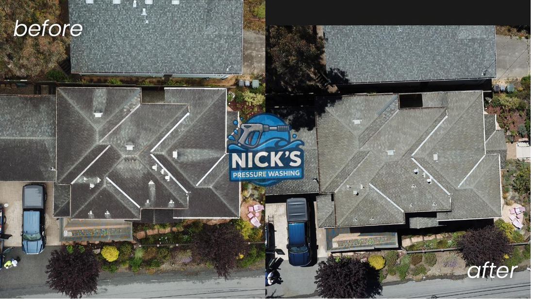 Aerial before and after of a composition shingle roof cleaned of moss and debris on the SF Peninsula