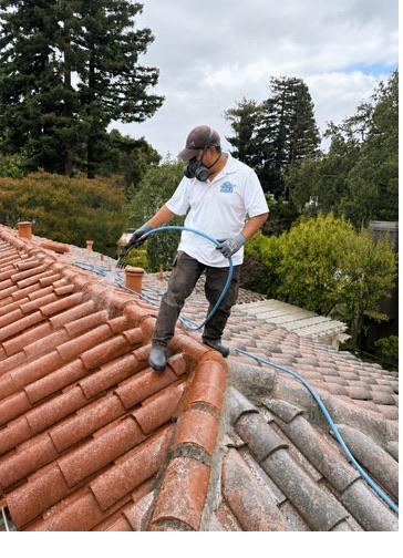 Nick's technician applying low-pressure soft wash solution to a clay tile roof