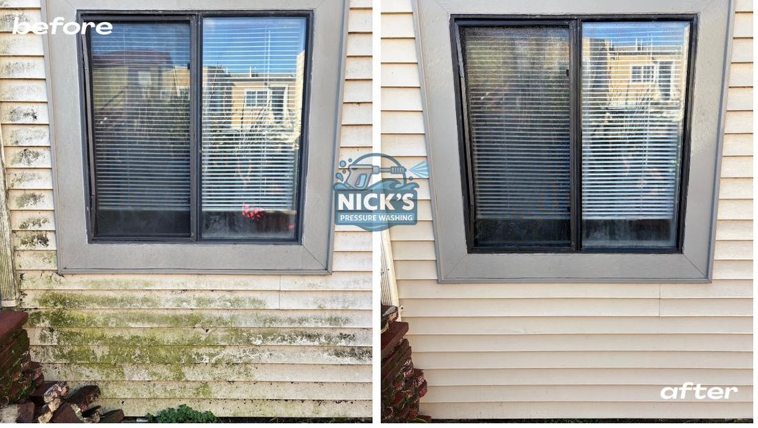 Before and after soft washing house siding and window trim in San Carlos, CA