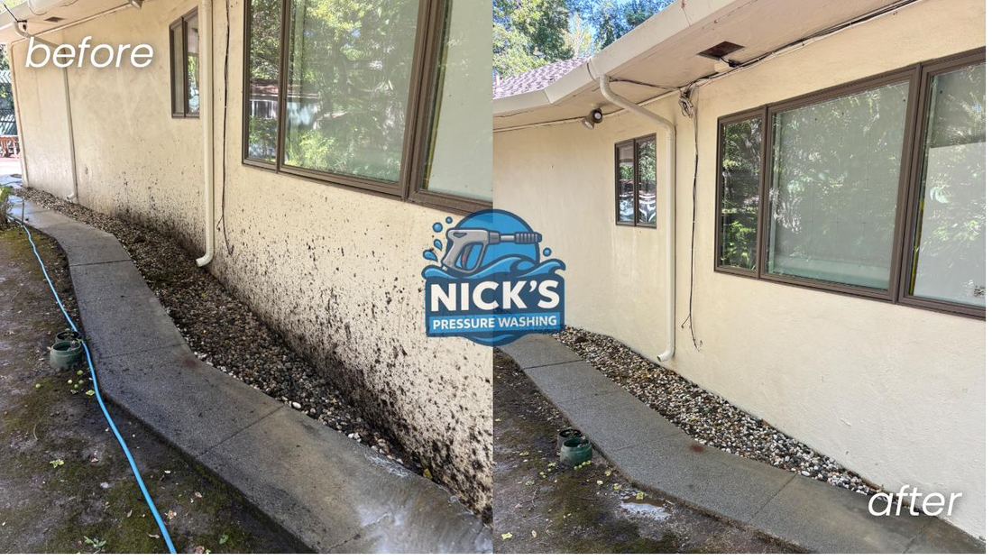 Before and after removal of heavy black mold staining from a stucco exterior wall