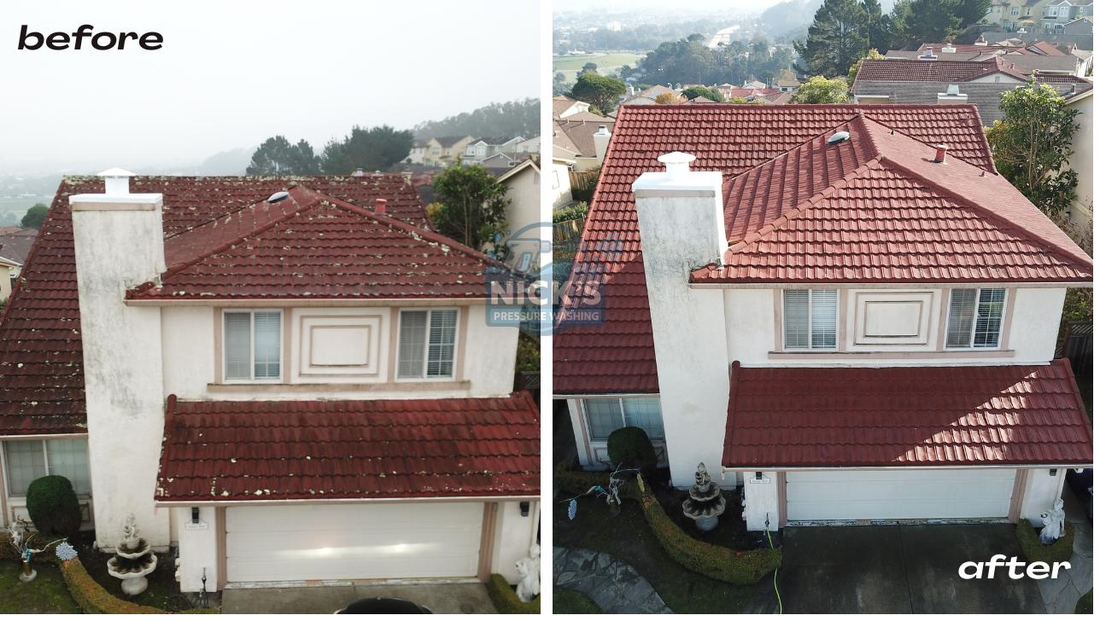Before and after soft wash cleaning of a red clay tile roof in the Bay Area
